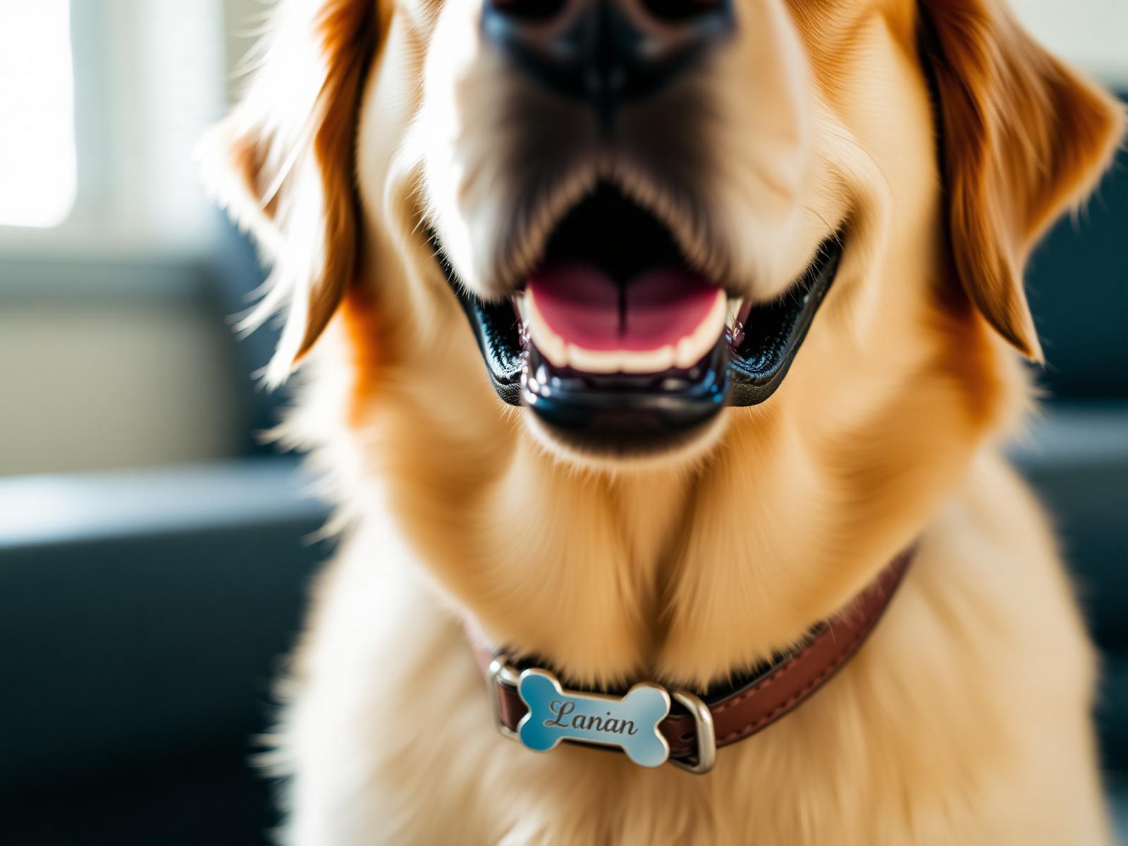 Golden retriever wearing an engraved bone name tag